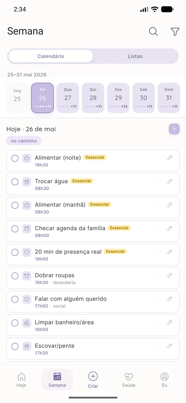 Visão da semana do Levvi com os compromissos distribuídos por dia